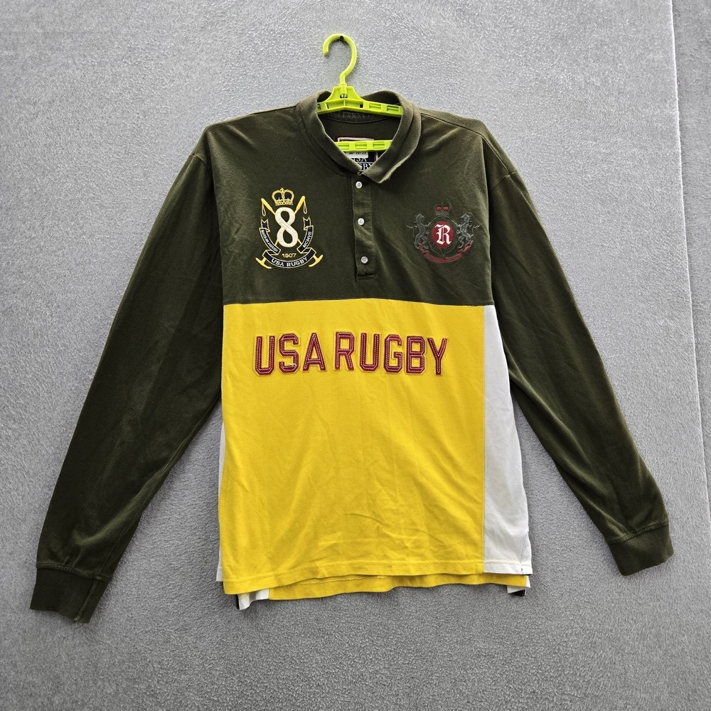 USA Rugby Men Polo 3XL Green Embroidered Colorblock Shirt Long Sleeve